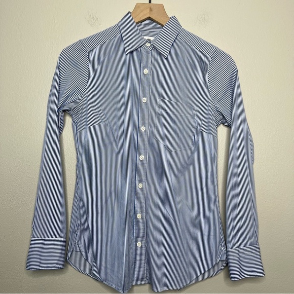 J. Crew Women Thomas Mason Shirt 00‎ Blue White Stripe Cotton Pocket Slim Fit - Picture 1 of 10